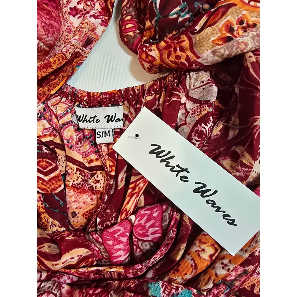 White Waves Boho Mixed Print Wide Leg Jumpsuit Open Back Tassel Burgundy S/M - Picture 7 of 15